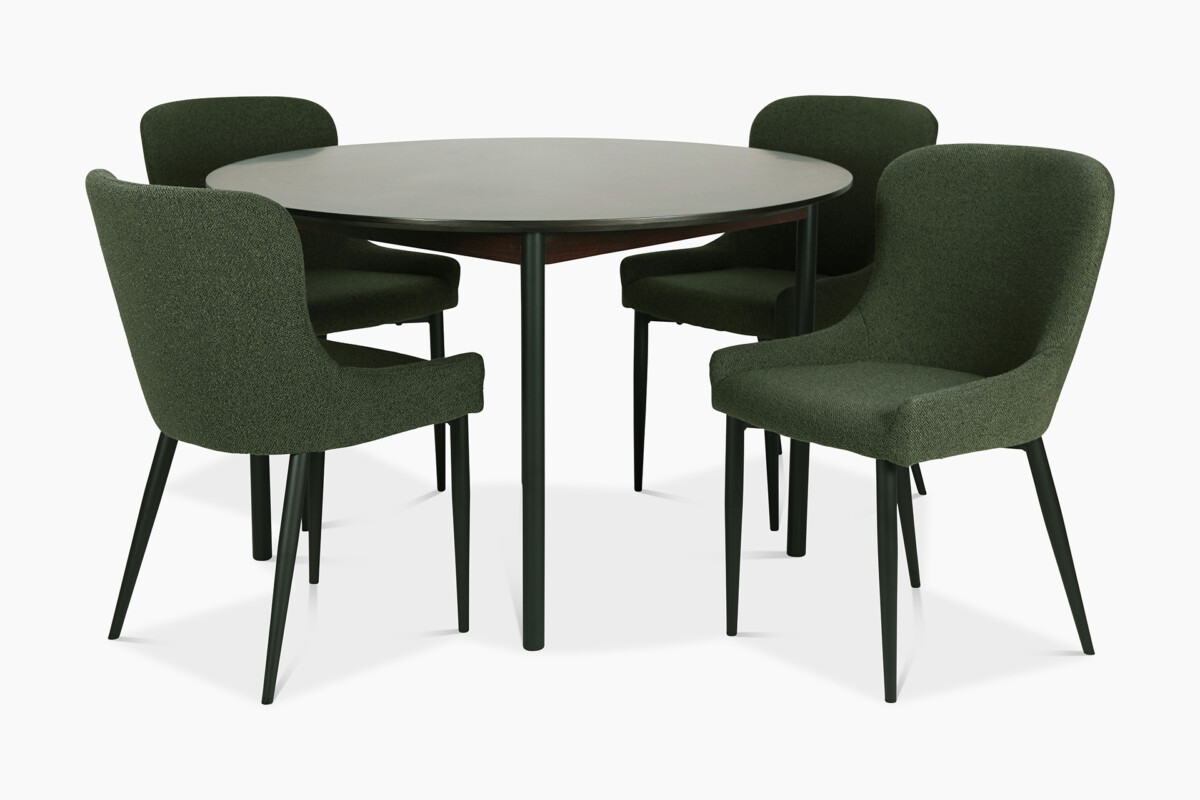 Tummanpuhuva Veija-pöytä sopii hyvin yhteen kiinteästi verhoillun, tummanvihreän Matte-tuolin kanssa.