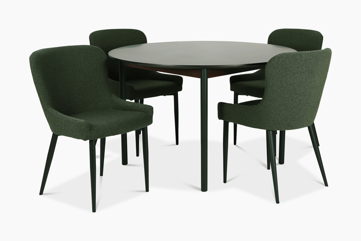 Tummanpuhuva Veija-pöytä sopii hyvin yhteen kiinteästi verhoillun, tummanvihreän Matte-tuolin kanssa.
